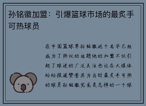 孙铭徽加盟：引爆篮球市场的最炙手可热球员